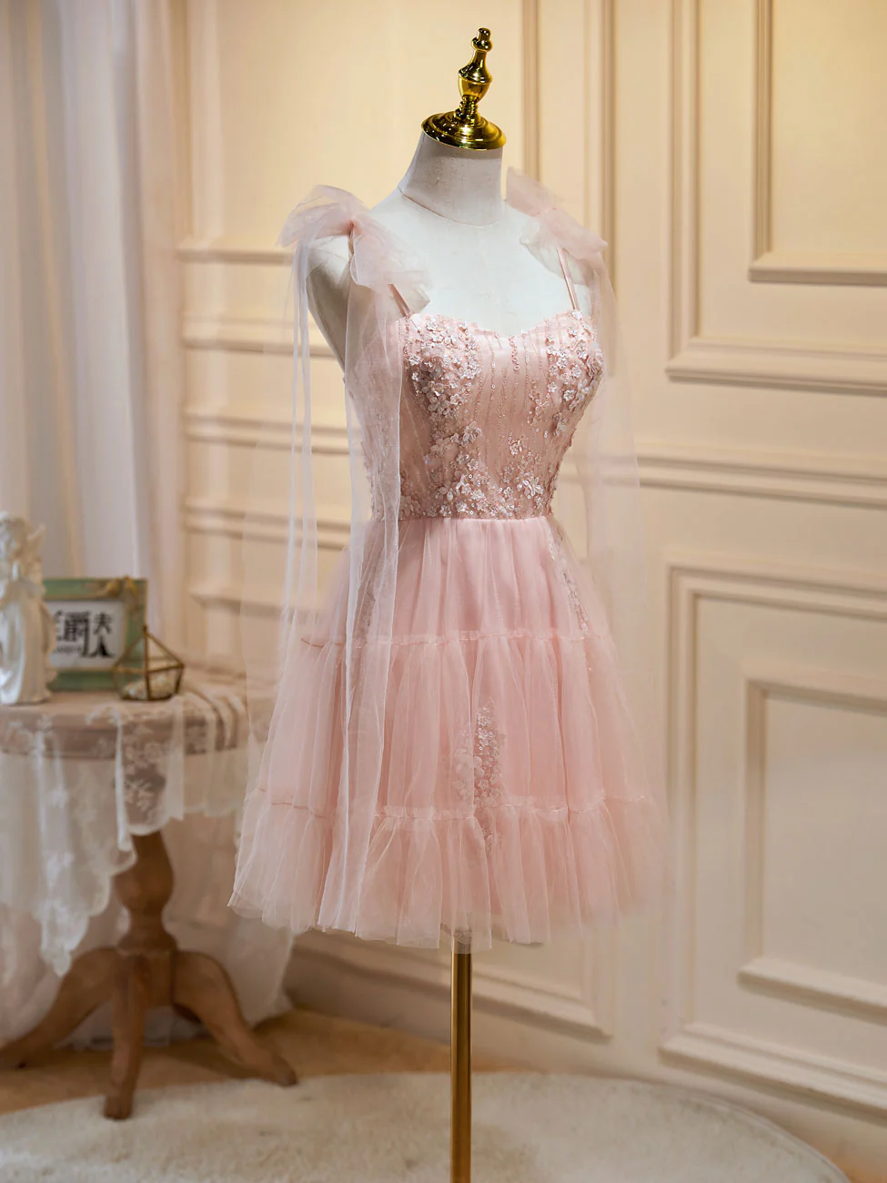 A Line Sweetheart Neck Pink Short Prom Dresses, Formal Puffy Pink Homecoming Dress with Lace Applique Beading - Deanwangkt