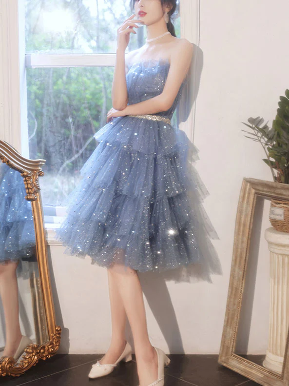 Blue Tulle Sequin Short Prom Dress, Blue Puffy Cute Homecoming Dresses - Deanwangkt