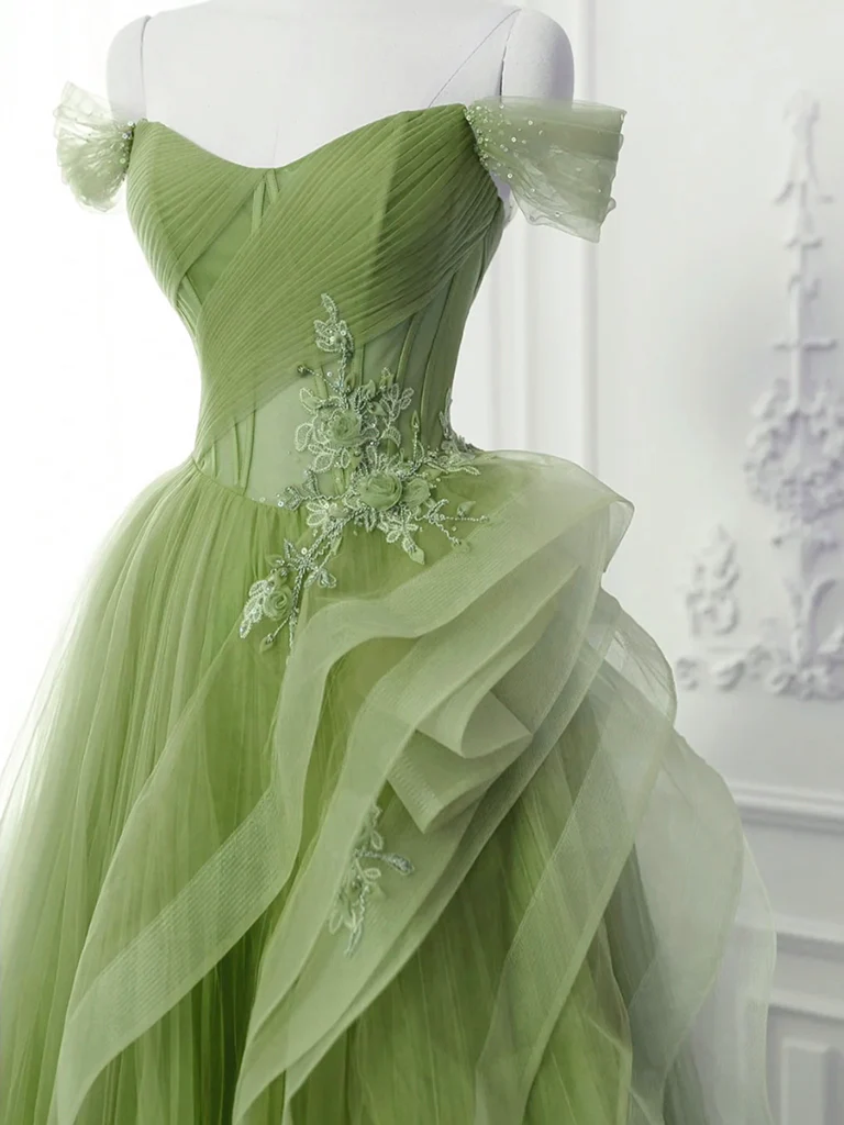 Green A-Line Off Shoulder Long Prom Dress, Green Lace Long Evening Dress - Deanwangkt