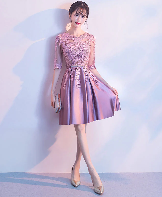Cute Round Neck Satin Lace Short Prom Dress Lace Homecoming Dress - Deanwangkt