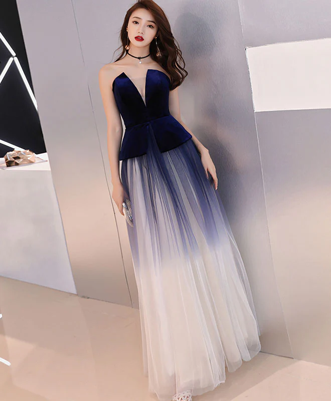 Unique Tulle Dark Blue Long Prom Dress, Tulle Evening Dress - Deanwangkt
