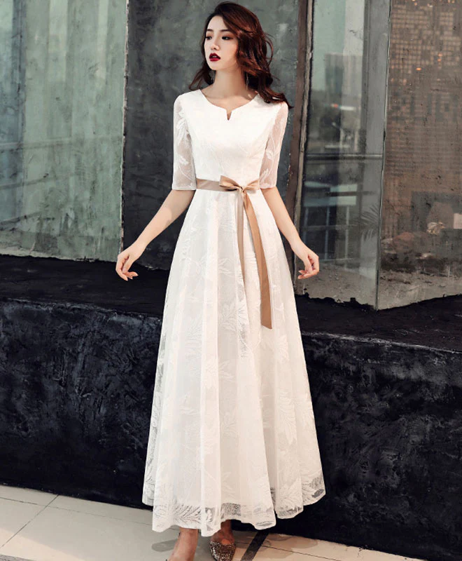 White Lace Tea Length Prom Dress White Lace Bridesmaid Dress - Deanwangkt