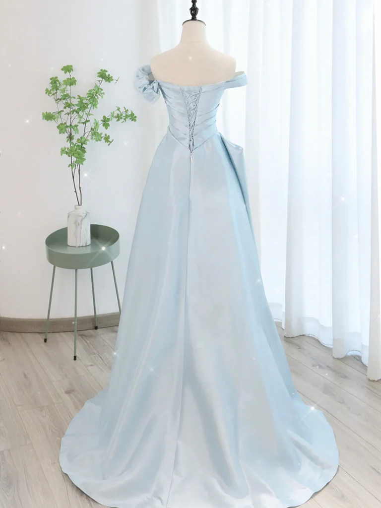 A-Line Off Shoulder Satin Tulle Blue Long Prom Dress, Blue Long Formal Dress - Deanwangkt