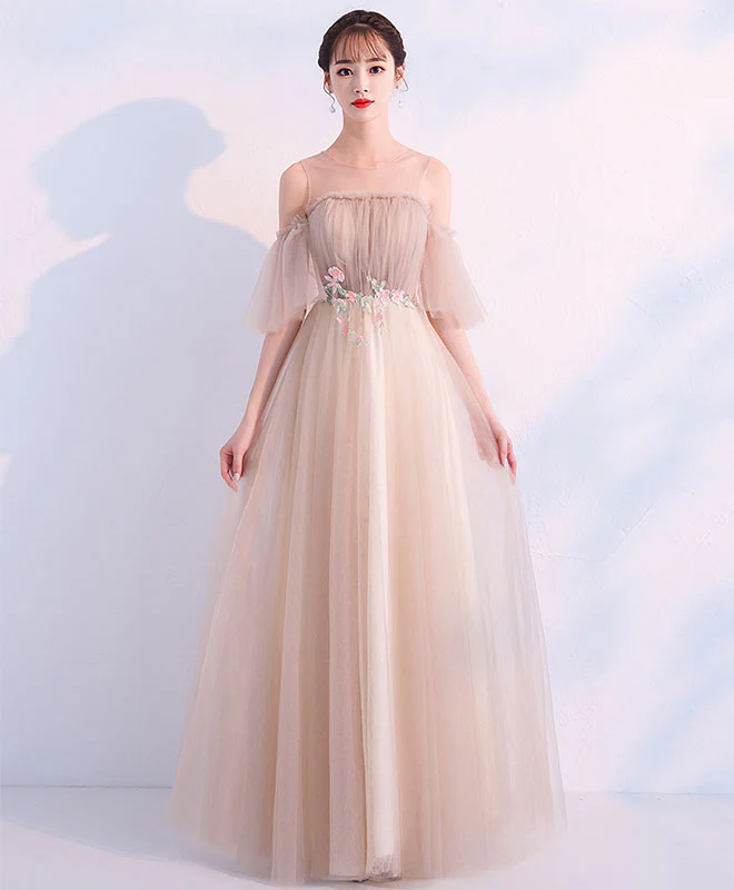 Champagne Round Neck Tulle Long Prom Dress, Champagne Tulle Evening Dress - Deanwangkt