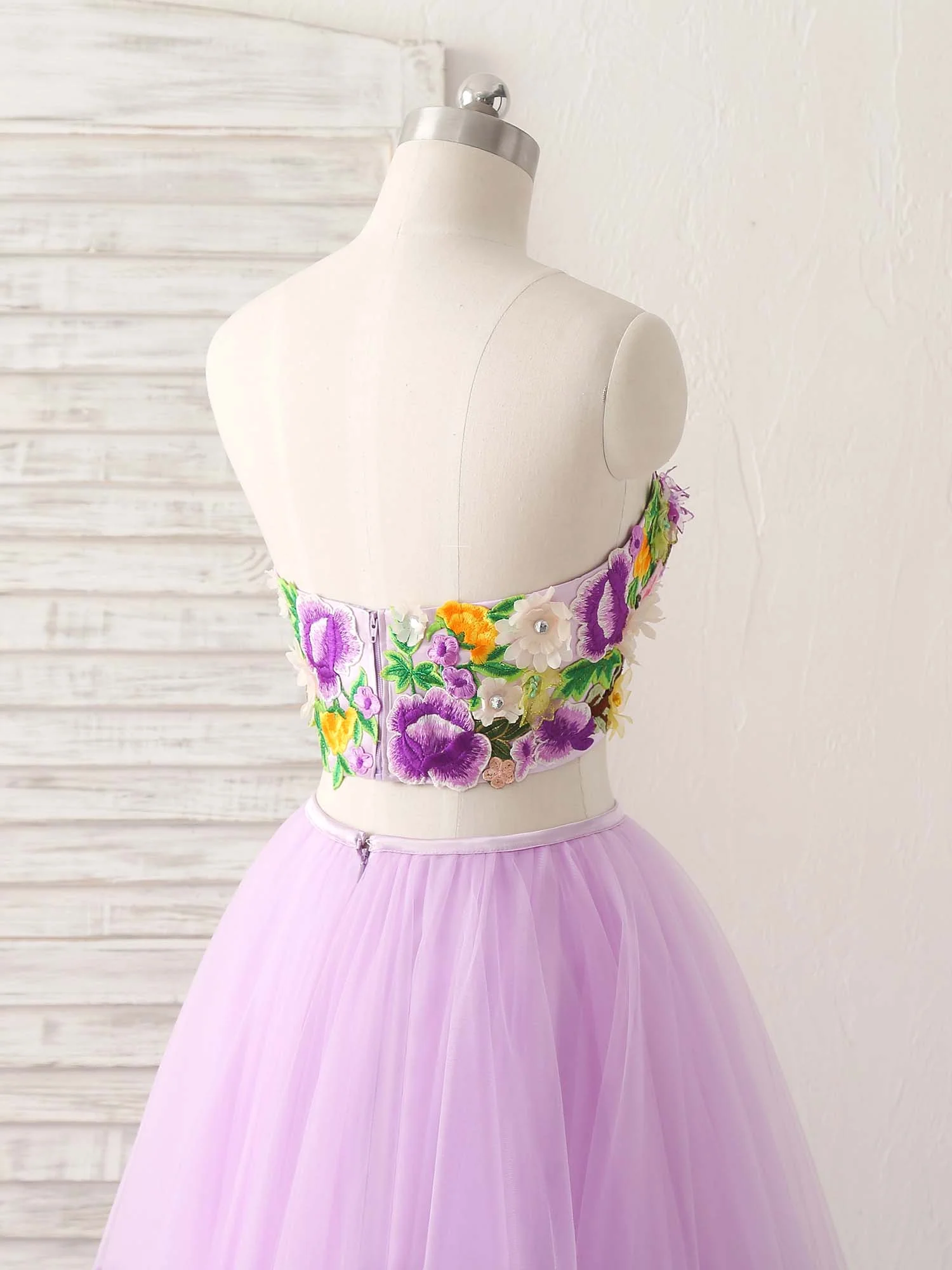 Purple Two Pieces Applique Tulle Long Prom Dress Purple Evening Dress - Deanwangkt