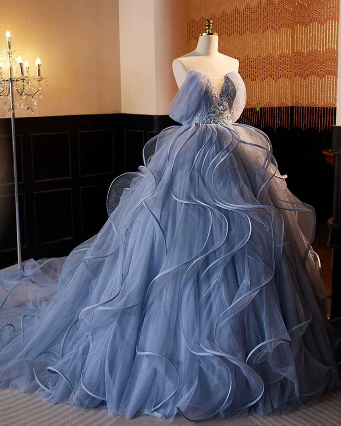 A-Line V Neck Tulle Lace Gray Blue Long Prom Dress, Blue Long Sweet 16 Dress - Deanwangkt