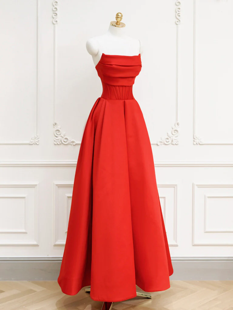 Red A-Line Satin Long Prom Dress, Red Long Formal Dress - Deanwangkt