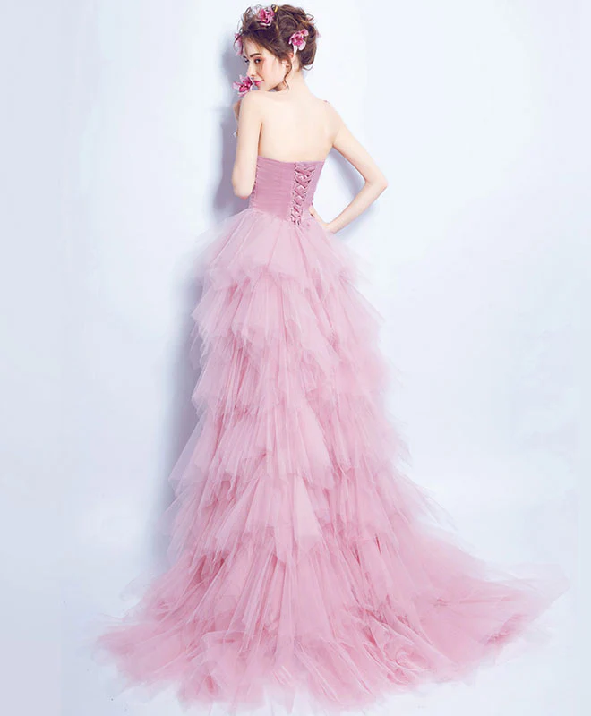 Pink Sweetheart Tulle High Low Prom Dress, Pink Evening Dress - Deanwangkt