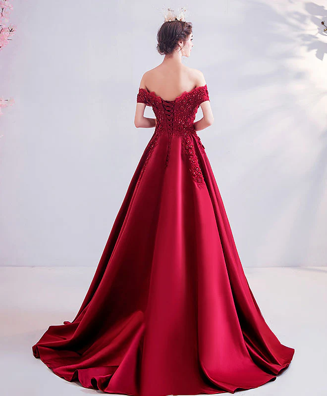 Burgundy Off Shoulder Lace Satin Long Prom Dress Burgundy Evening Dress - Deanwangkt