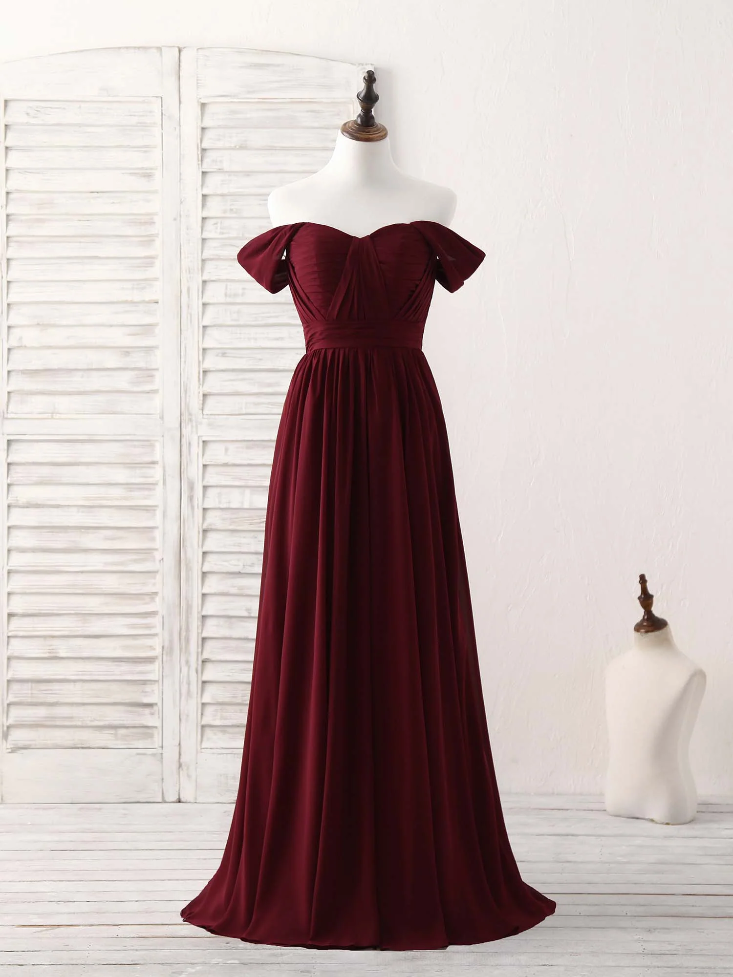 Burgundy Chiffon Off Shoulder Long Prom Dress Burgundy Bridesmaid Dress - Deanwangkt