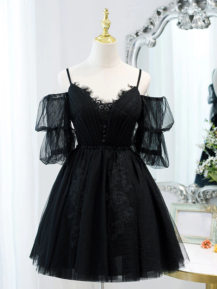 Black A line V Neck Lace Short/Mini Prom Dress, Black Puffy Homecoming Dresses - Deanwangkt