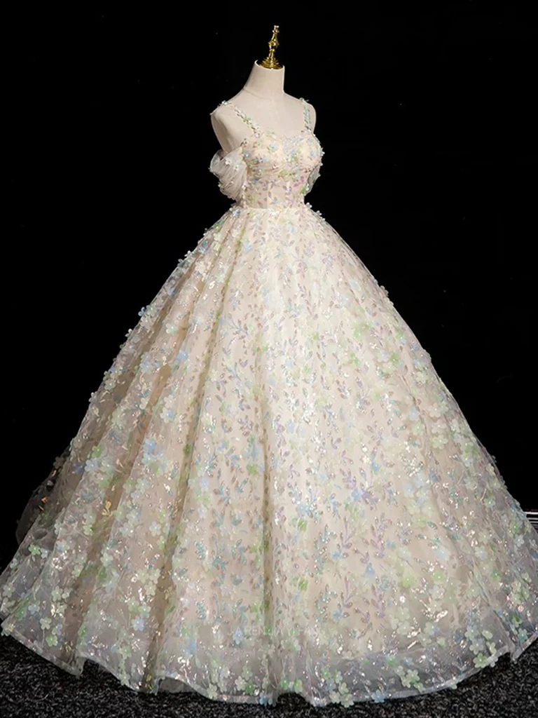 A-Line Sweetheart Neck Tulle Lace Champagne Long Prom Dress - Deanwangkt