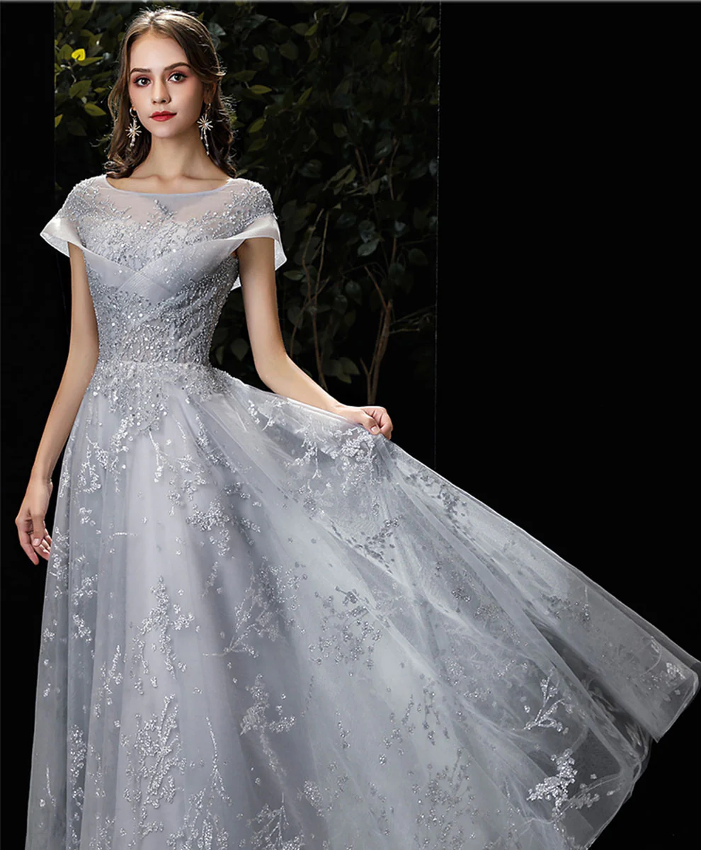 Gray Round Neck Tulle Lace Long Prom Dress Gray Tulle Formal Dress - Deanwangkt
