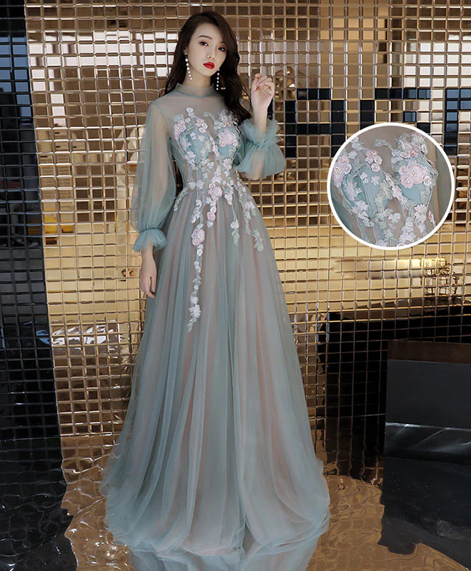 Green Tulle Lace Long Prom Dress, Green Tulle Evening Dress - Deanwangkt