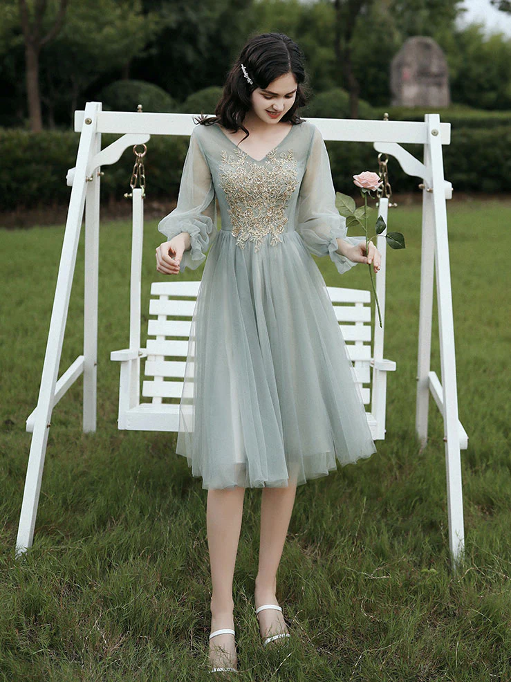 Gray Green Tulle Lace Short Prom Dresses, Gray Tulle Bridesmaid Dress - Deanwangkt
