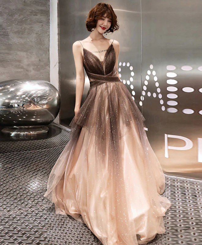 Unique V Neck Tulle Long Prom Dress, Tulle Long Evening Dress - Deanwangkt