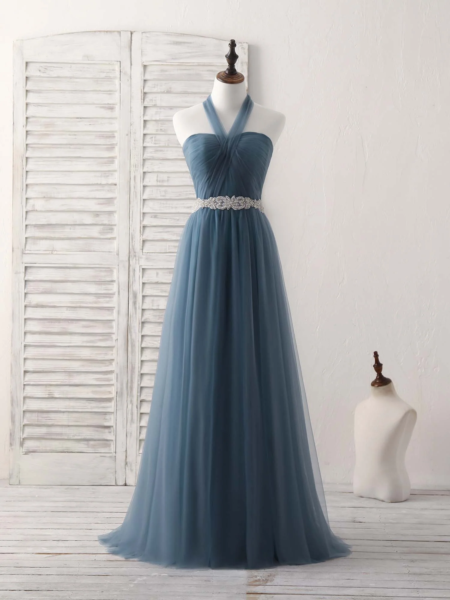 A-Line Gray Blue Tulle Long Bridesmaid Dress Gray Blue Prom Dress - Deanwangkt