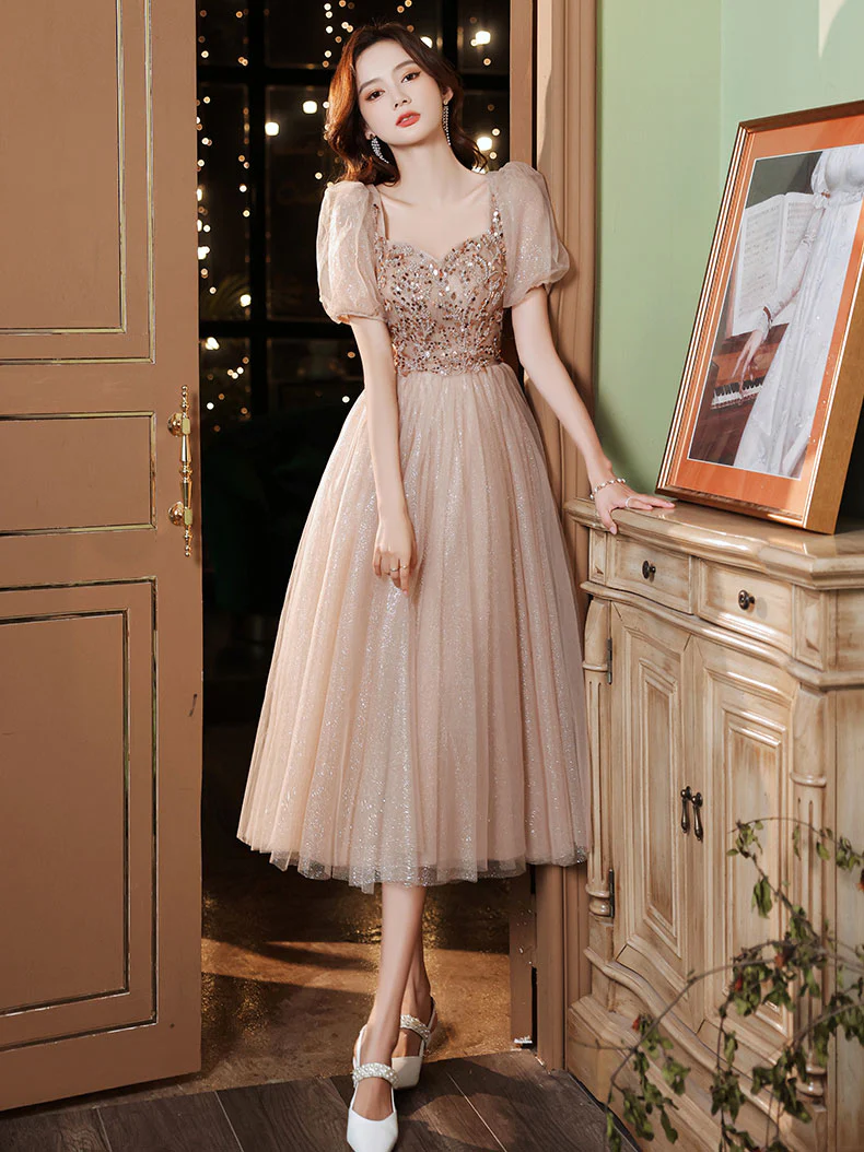 Champagne A-line Tulle Beads Prom Dress, Tulle Bridesmaid Dress - Deanwangkt