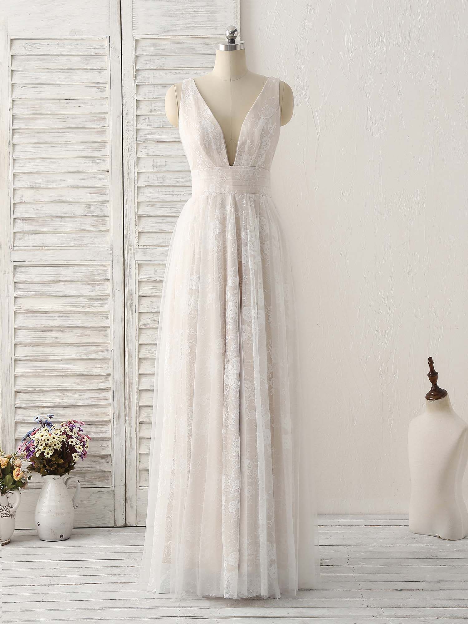White V Neck Lace Long Prom Dress Backless Lace Evening Dress - Deanwangkt