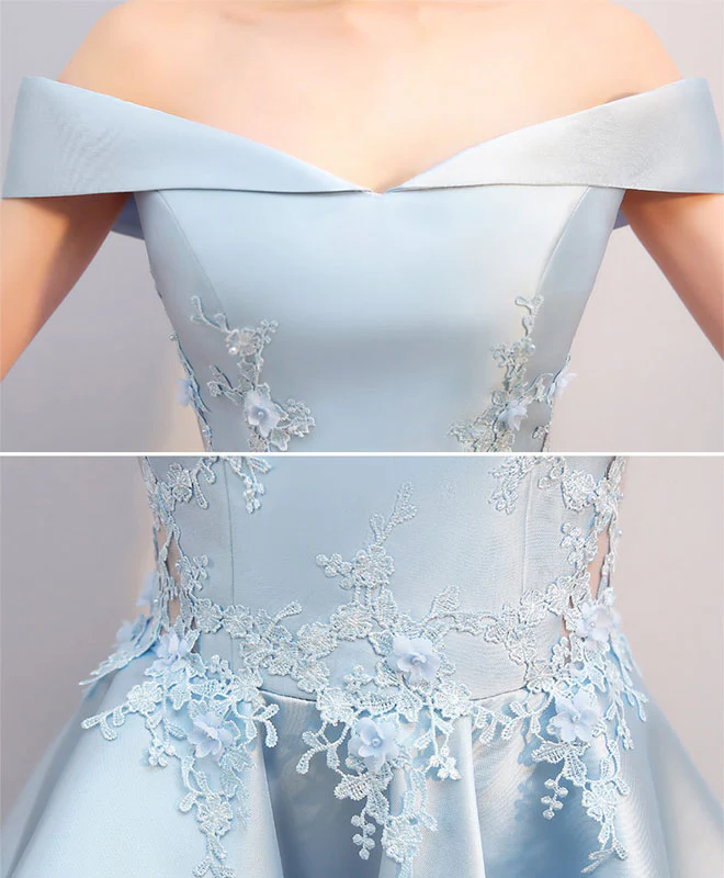 Light Blue High Low Lace Prom Dress, Blue Formal Bridesmaid Dress - Deanwangkt