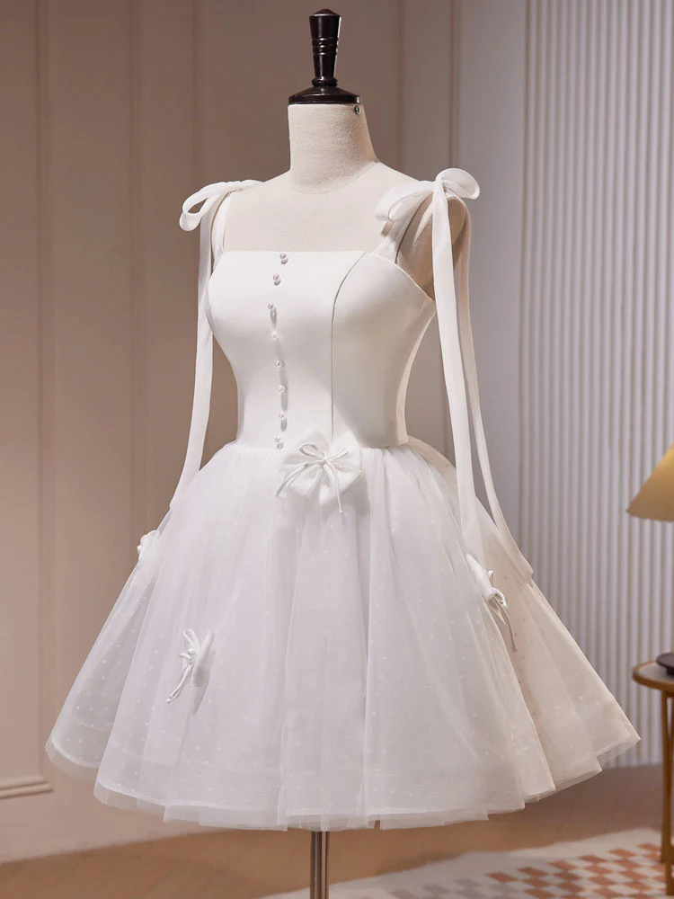 White A-Line Tulle Short Prom Dress, Cute White Homecoming Dress - Deanwangkt