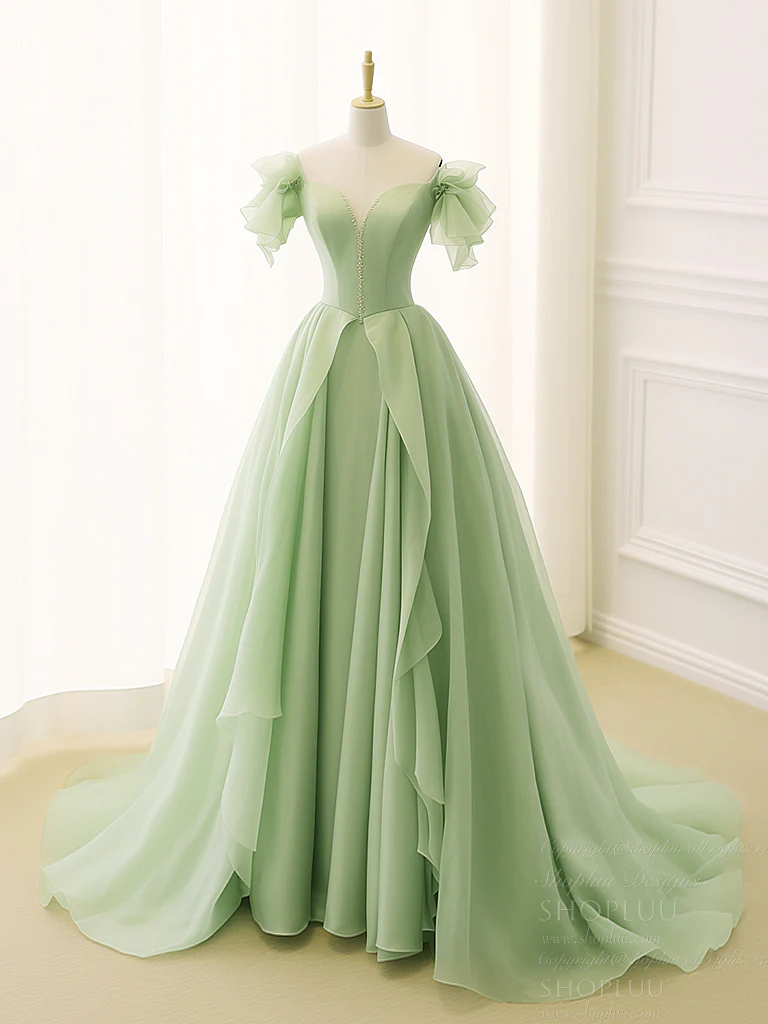 A-Line Organza Green Long Prom Dress, Green Long Graduation Dress - Deanwangkt