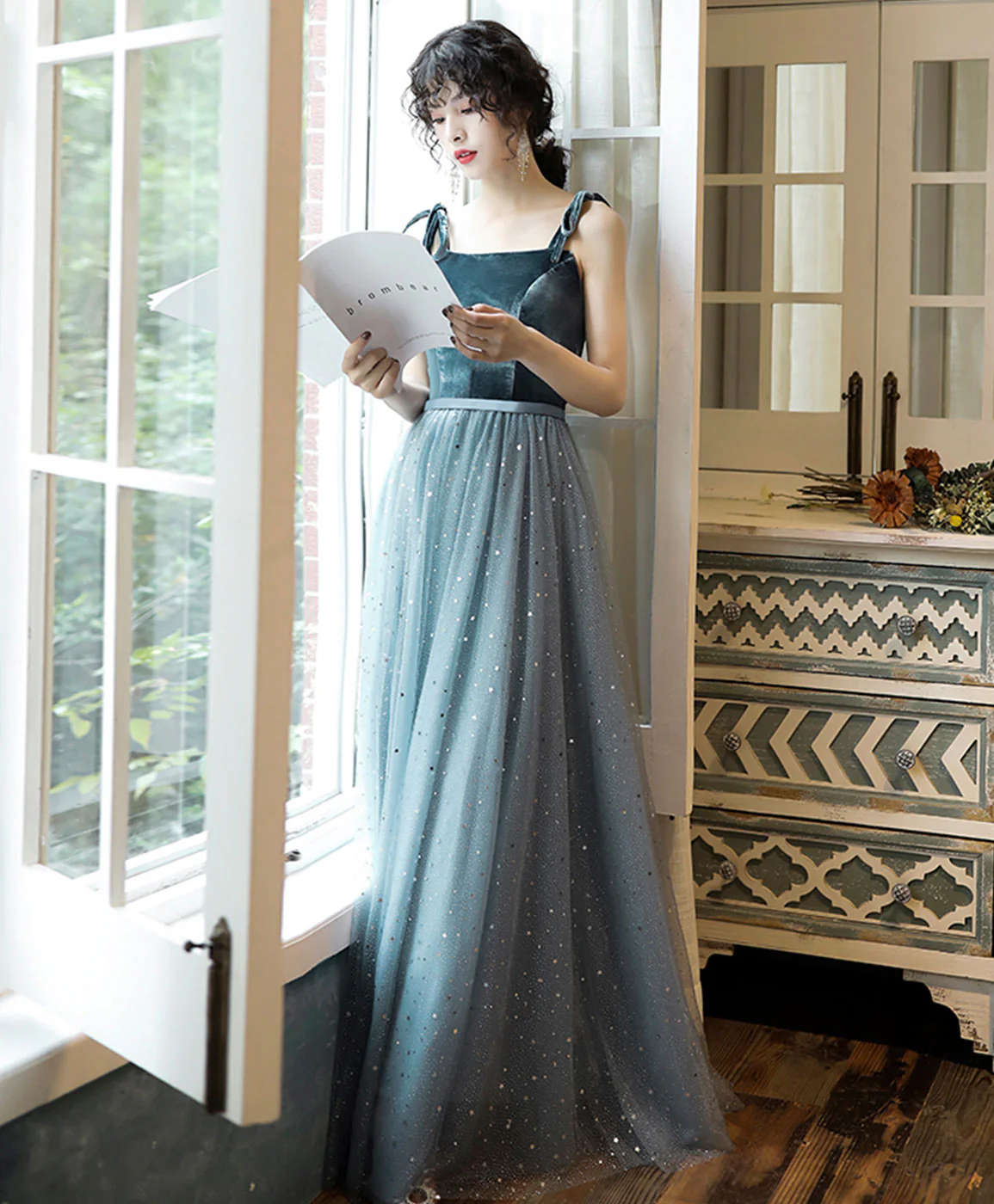 Blue Sweetheart Tulle Lace Long Prom Dress, Blue Tulle Formal Dress with Velvet - Deanwangkt