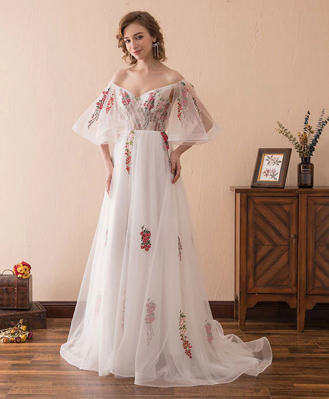 White V Neck Tulle Lace Long Prom Dress, White Evening Dress - Deanwangkt