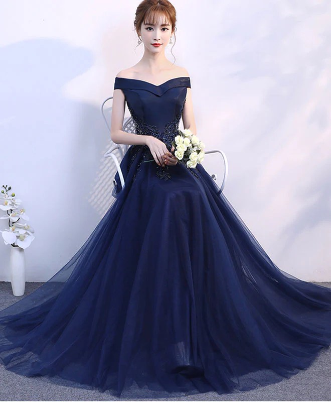 Simple Blue Off Shoulder Long Prom Dress, Blue Bridesmaid Dress - Deanwangkt