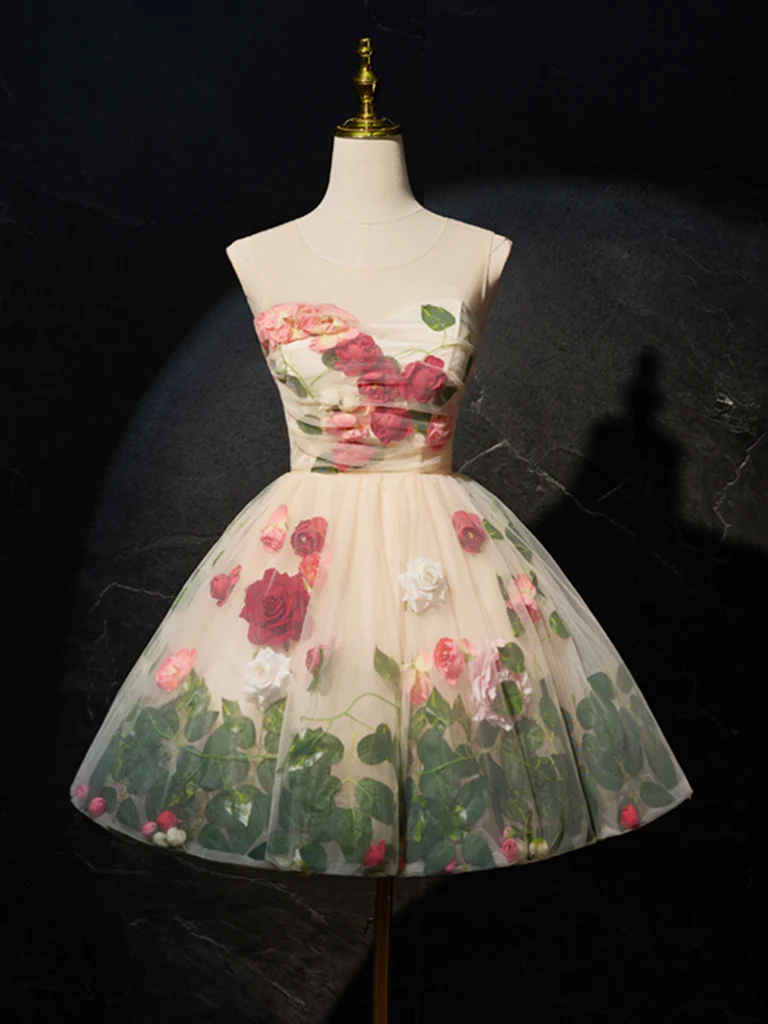 Unique Scoop Neckline Tulle Flower Champagne Short Prom Dress, Cute Formal Dress - Deanwangkt
