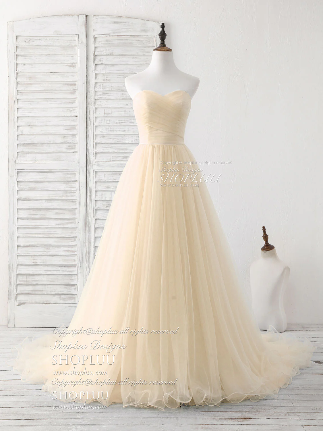 Simple Sweetheart Champagne Tulle Long Prom Dress Champagne Evening Dress - Deanwangkt