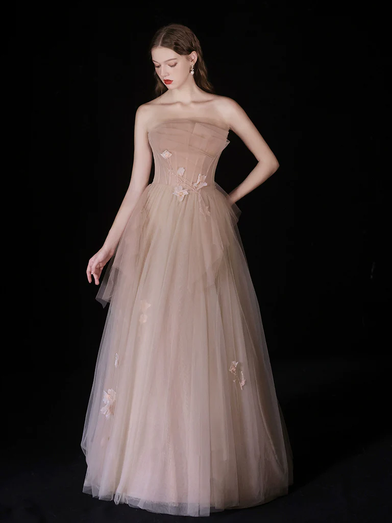 Champagne A-Line Tulle Long Prom Dress, Champagne Long Formal Dress - Deanwangkt