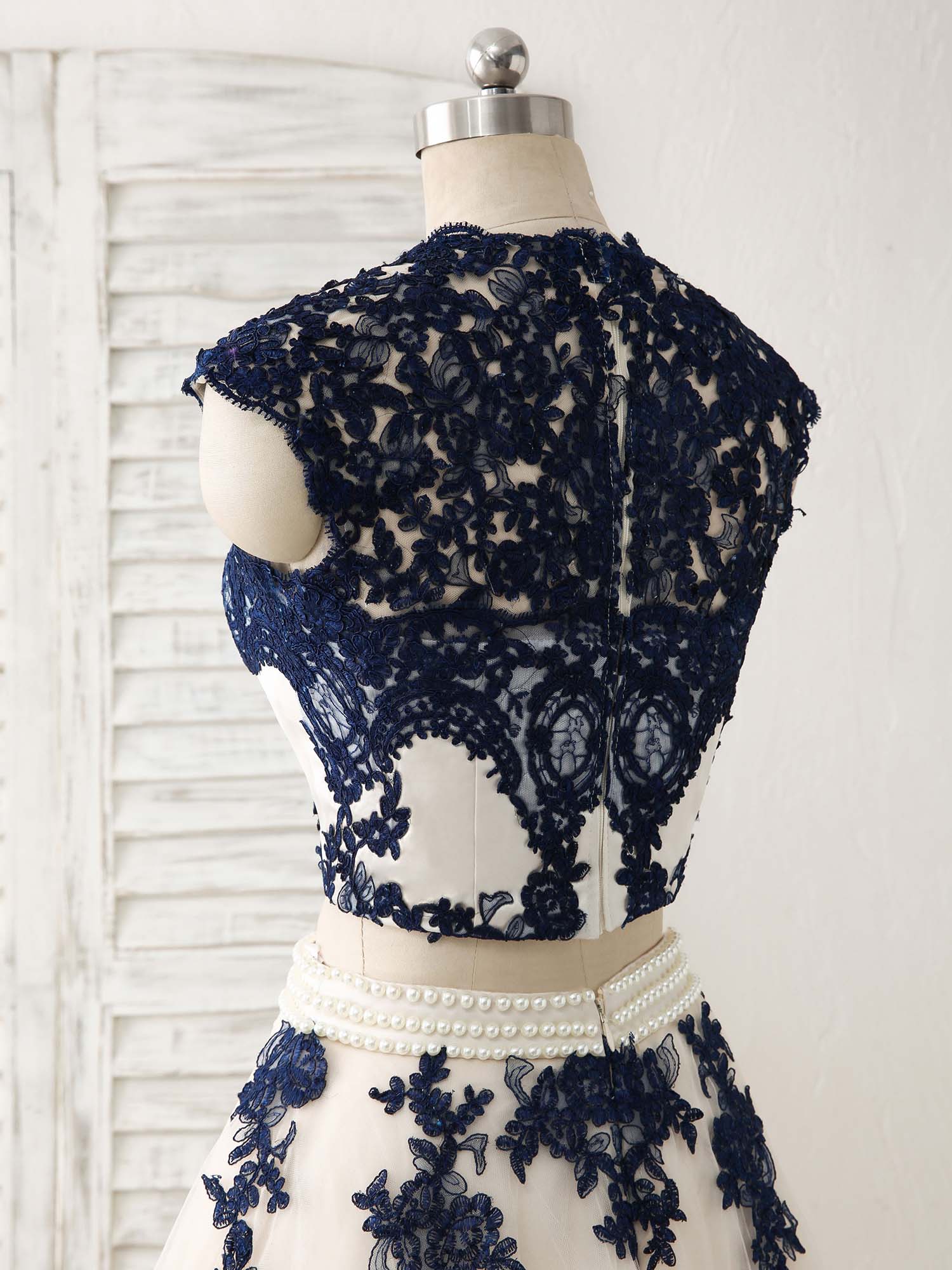 Dark Blue Two Pieces Lace Tulle Long Prom Dress Blue Evening Dress - Deanwangkt