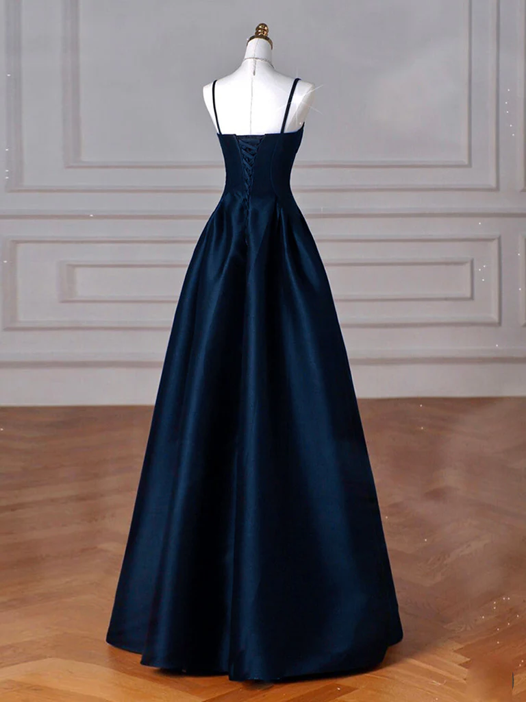 Simple A-Line Dark Blue Satin Long Prom Dress, Dark Blue Long Formal Dress - Deanwangkt