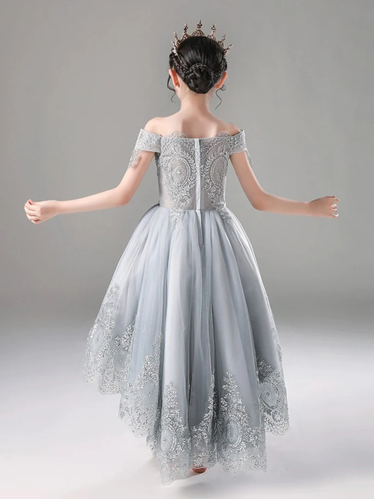 A-Line Gray Tulle Lace High Low Flower Girl Dress - Deanwangkt