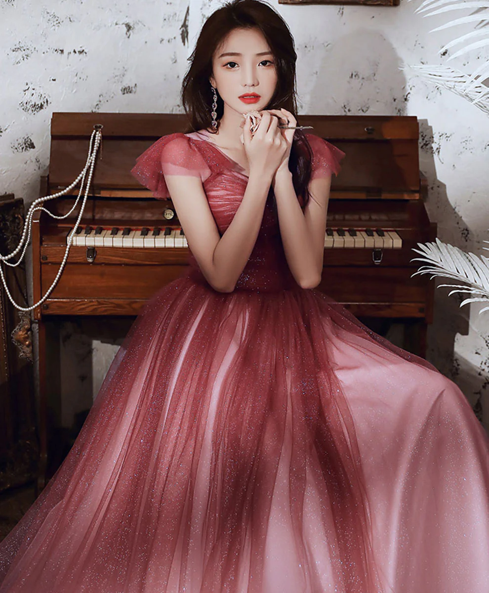 Simple Sweetheart Tulle Sequin Long Prom Dress, Aline Burgundy Formal Dress - Deanwangkt