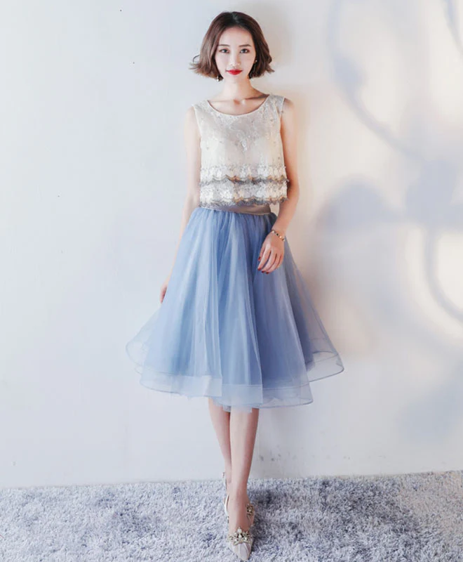 Blue Lace Tulle Knee Length Prom Dress, Blue Lace Homecoming Dress - Deanwangkt