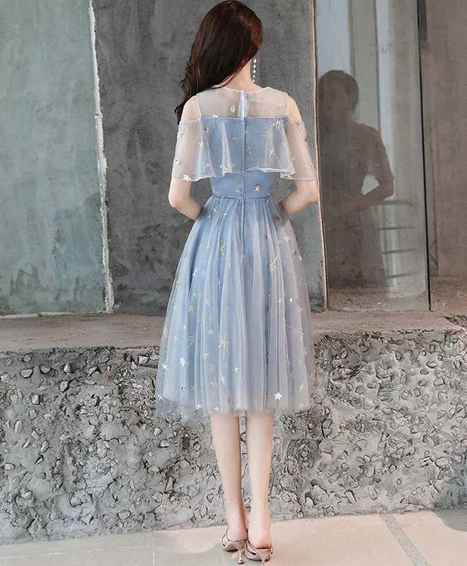Gray Blue Tulle Lace Short Prom Dress, Gray Blue Homecoming Dress - Deanwangkt