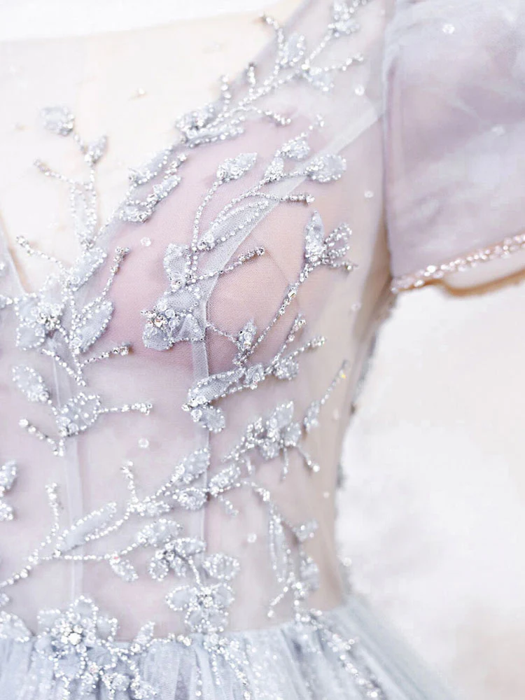 Gray Round Neck Tulle Lace Long Prom Dress, Gray Tulle Evening Dress - Deanwangkt