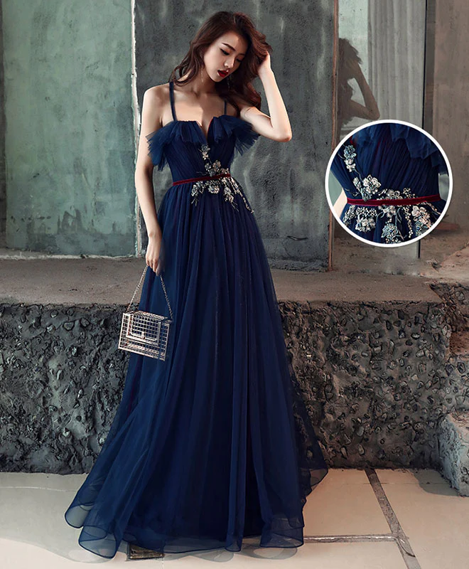 Dark Blue Tulle Long Prom Dress, Dark Blue Tulle Evening Dress - Deanwangkt