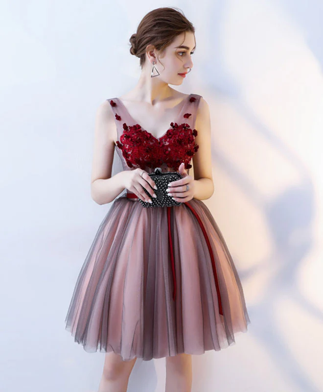 Burgundy V Neck Tulle Short Prom Dress, Tulle Evening Dress - Deanwangkt