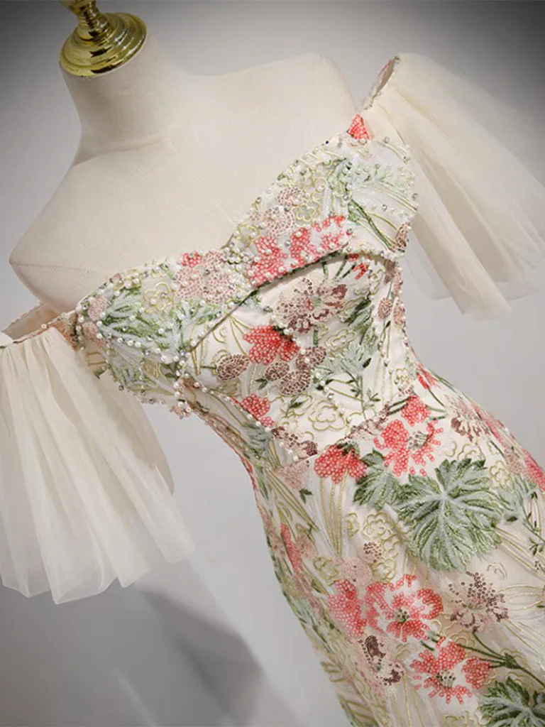 Champagne Lace Long Prom Dress, Champagne Lace Long Formal Dress - Deanwangkt