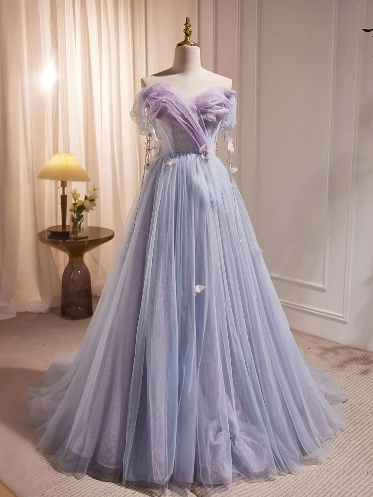 A-Line Sweetheart Neck Tulle Purple Long Prom Dress, Purple Formal Dress - Deanwangkt