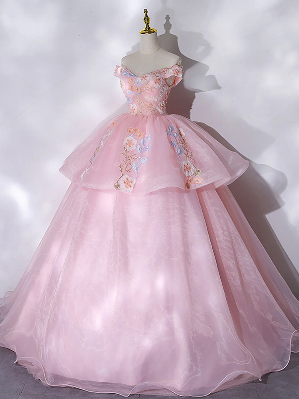 A-Line Off Shoulder Organza Lace Pink Long Prom Dress. Pink Sweet 16 Dress - Deanwangkt