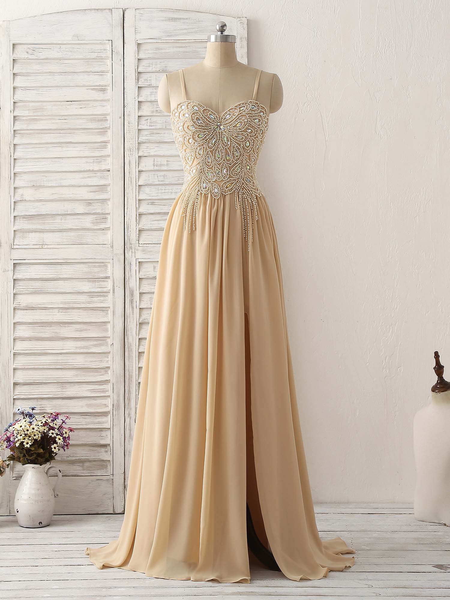 Champagne Sweetheart Neck Beads Long Prom Dress Evening Dress - Deanwangkt