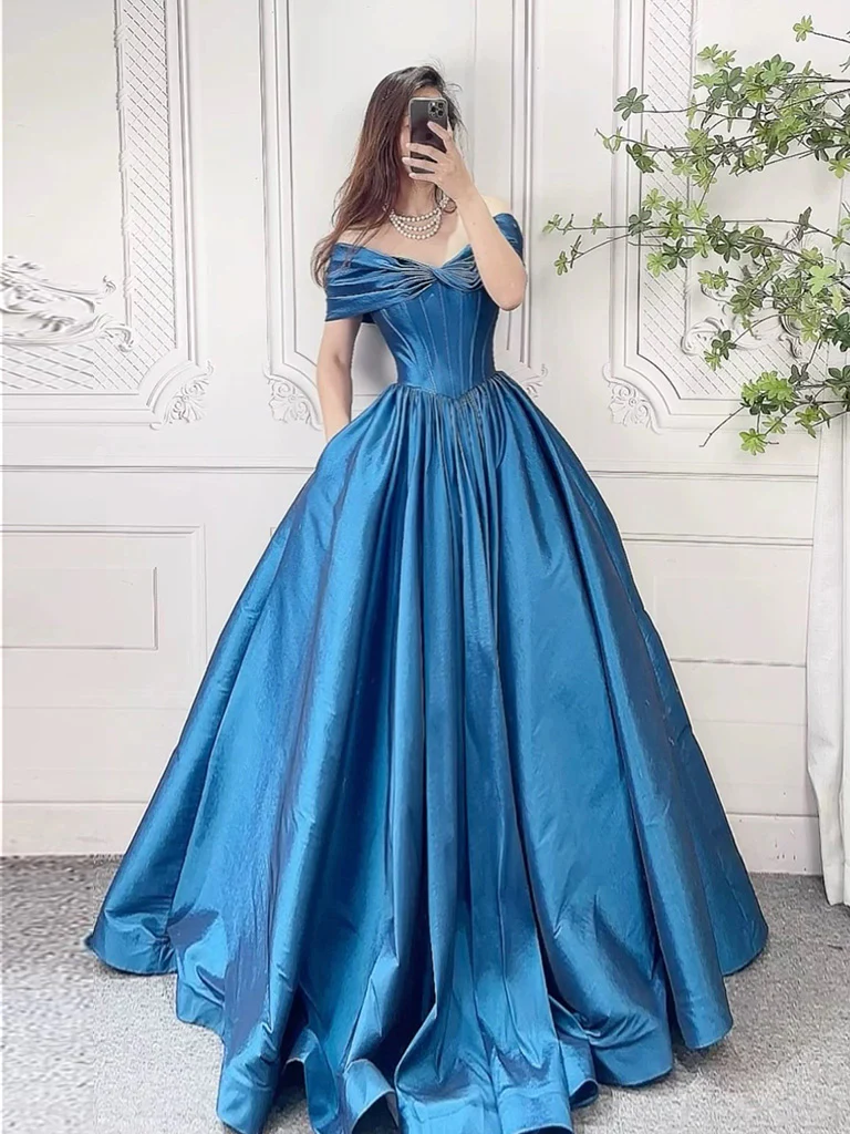 A-Line Off Shoulder Blue Long Prom Dress, Blue Long Formal Dress - Deanwangkt