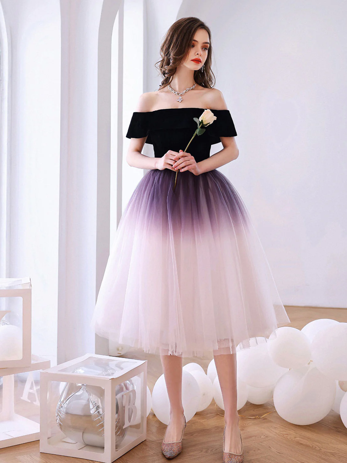 Purple Off Shoulder Tulle Short Puffy Prom Dresses, Puffy Purple Homecoming Dresses - Deanwangkt