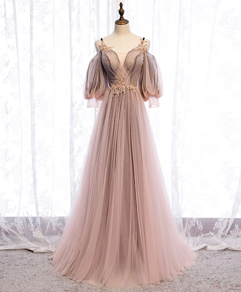 Pink V Neck Tulle Lace Long Prom Dress Pink Tulle Formal Dress - Deanwangkt