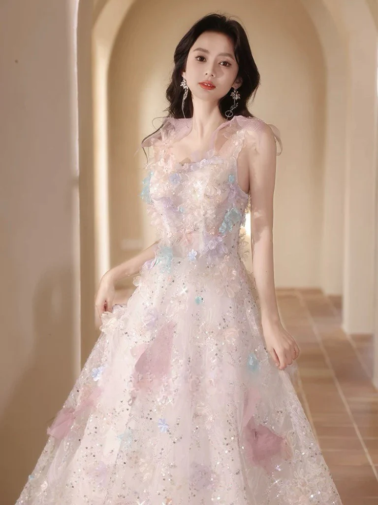 A-Line Tulle Lace Light Pink Long Prom Dress, Light Pink Formal Dress - Deanwangkt