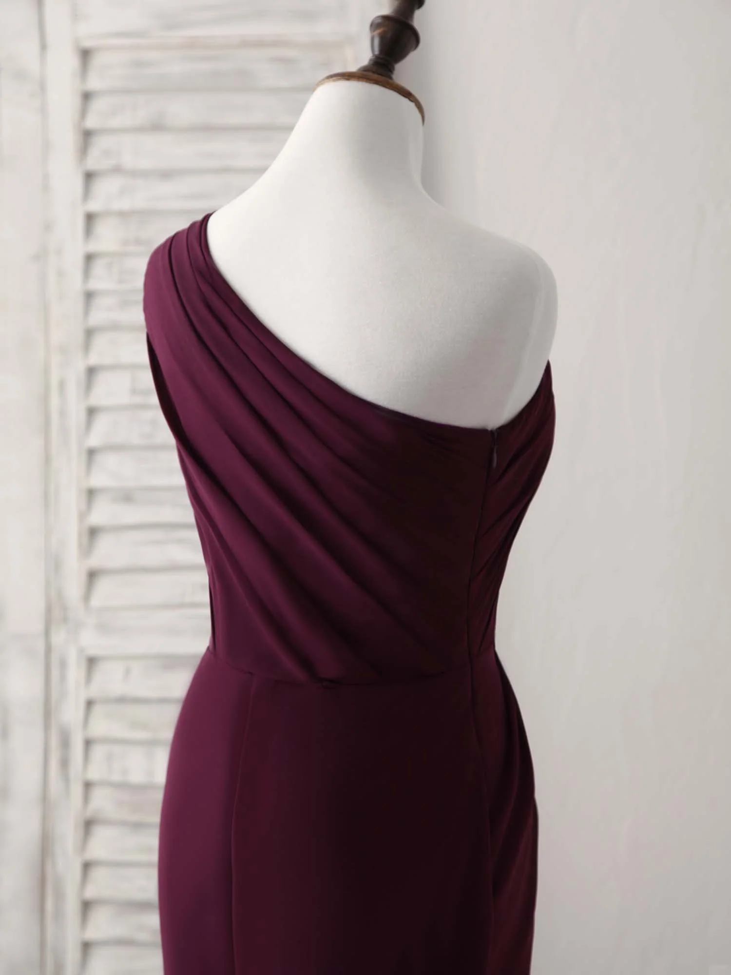 Burgundy One Shoulder Chiffon Mermaid Long Prom Dresses - Deanwangkt